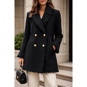 Zara Boucle Tweed Knit Double Breasted Coat Fringe Gold Buttons L Preppy Classic